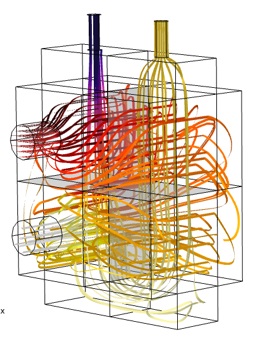 Coloured flow paths through an air-water heat exchanger model